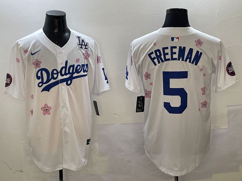 Men Los Angeles Dodgers #5 Freeman White Sakura Edition 2025 Nike MLB Jersey style 4